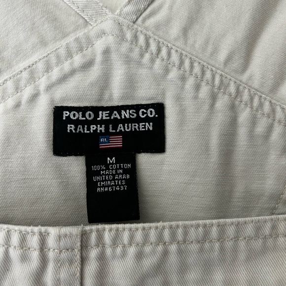 Vintage Polo Jeans Ralph Lauren Medium Overalls Cream Cotton Cargo Shortalls - Picture 2 of 9